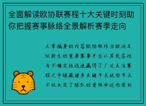 全面解读欧协联赛程十大关键时刻助你把握赛事脉络全景解析赛季走向