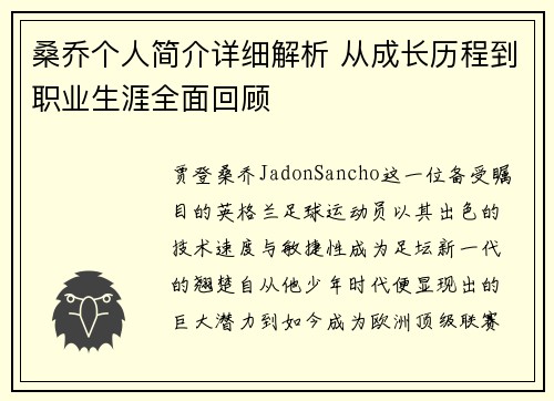 桑乔个人简介详细解析 从成长历程到职业生涯全面回顾